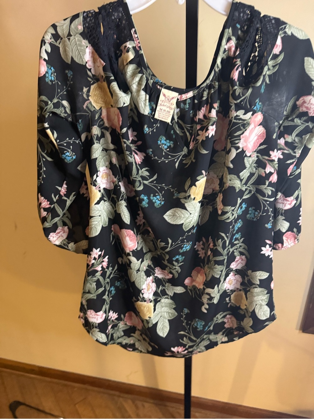 Faded Glory Black Floral Blouse with Lace Yoke